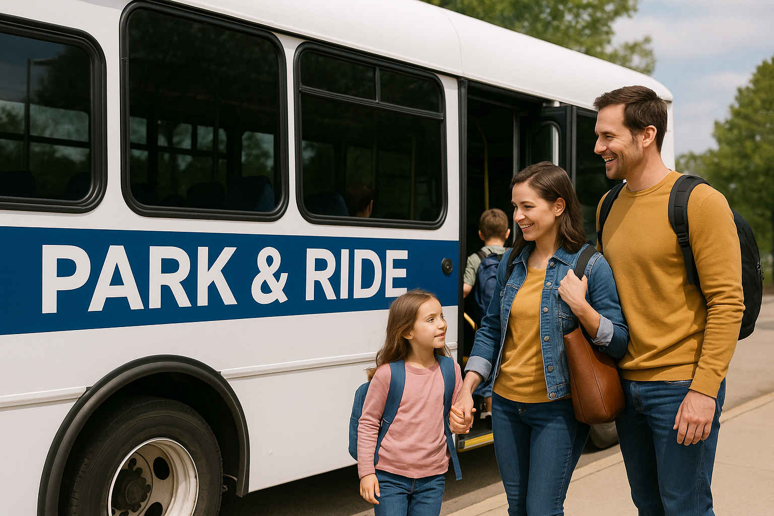 Shuttle van at airport parking lot picking up travelers with luggage for Park & Ride service